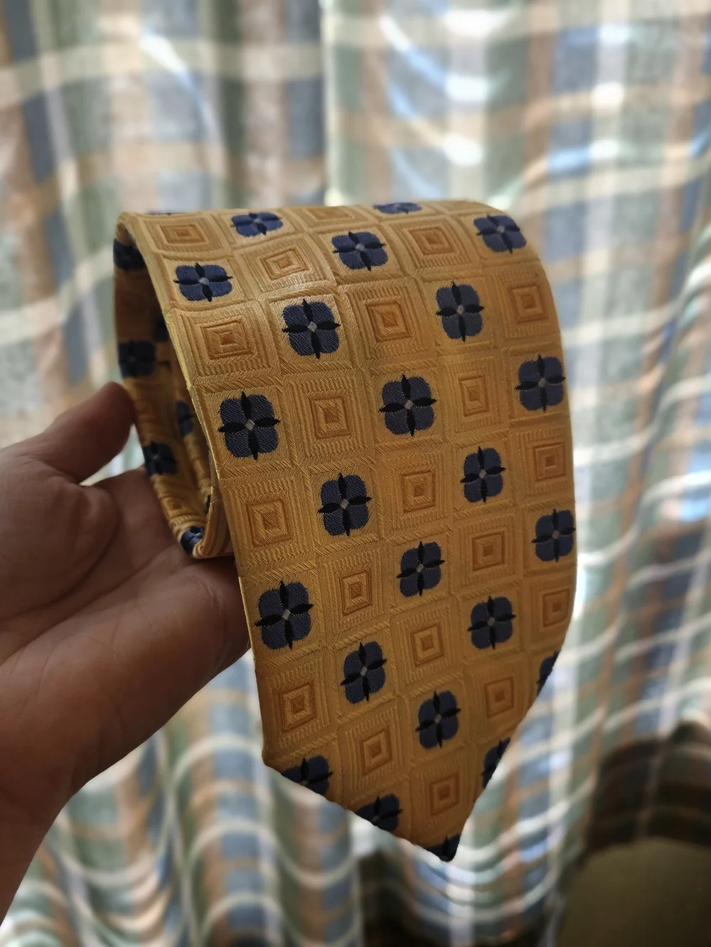 Men's Gold Patterned Silk Tie with Navy Floral Motif